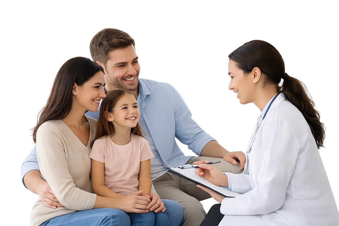 Família em consulta com médica na Acesso Saúde Dourados
